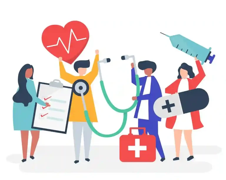 Graphic illustration of a healthcare team with medical tools, representing family doctor services at Hardin Medical Clinic.
